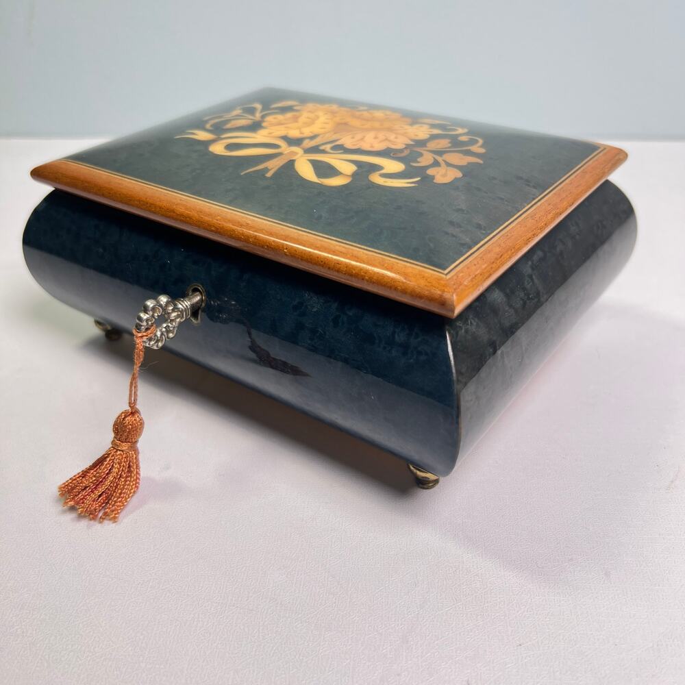 Vintage Reuge Swiss Music Box Italy Inlaid Burled Wood What I Did For Love w/Key